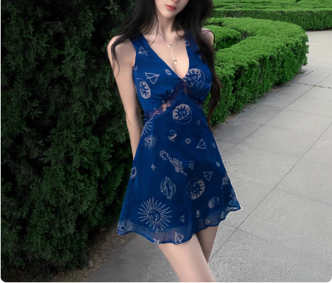 Retro V-neck Printed Mesh Suspenders Birthday Short Skirt Homecoming Dress - View 4 | VelvetHem