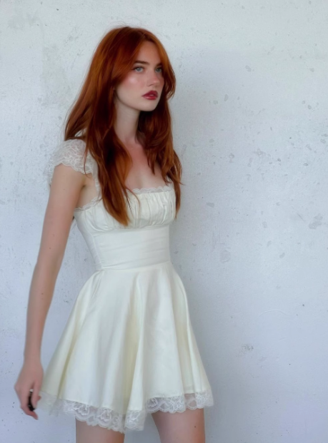 Sweet Ivory Satin Lace Trim Square Neck A-Line Birthday Dress Homecoming Dress - VelvetHem