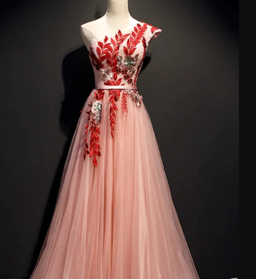 A Line One Shoulder Tulle Red Applique Long Prom Dress Evening - VelvetHem