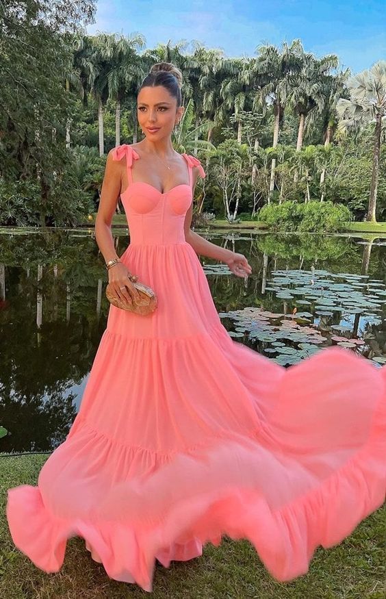 Elegant Coral Pink A-line Bow Strap Ruffled Chiffon Long Prom Dress Evening Dress - VelvetHem