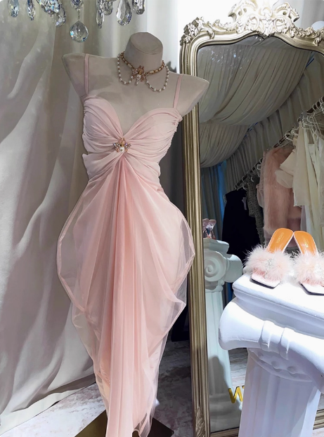 Elegant Pink Suspender Tulle Slim Irregular Birthday Dress Homecoming Dress - VelvetHem