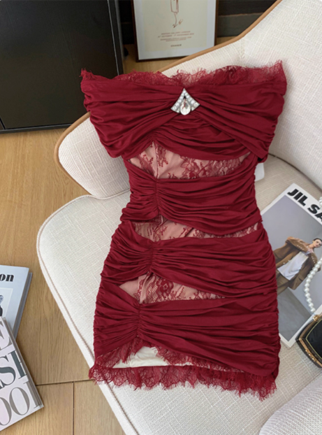 Sexy Red One Shoulder Lace Hip Birthday Dress Homecoming Dress - VelvetHem