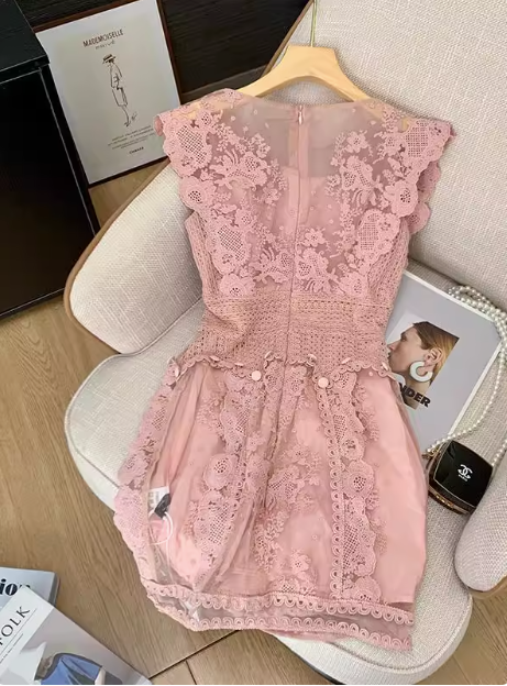 Sweet Pink Sleeveless Lace Waist 17th Birthday Homecoming Dress - View 2 | VelvetHem