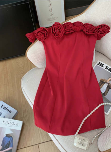 Stunning Red Rose One Shoulder Satin Hip Birthday Short Skirt Homecoming Dress - VelvetHem