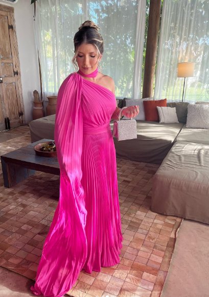 Elegant Bright Pink A-line Long Sleeve One Shoulder High Collar Chiffon Long Prom Dress Evening Dress - VelvetHem