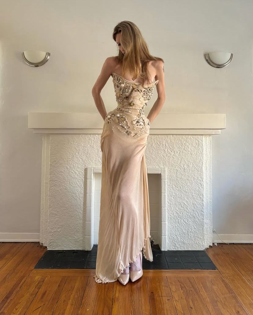 Vintage Nude Apricot Mermaid Waist-Cinching Beaded Chiffon Long Prom Dress Evening Dress - VelvetHem