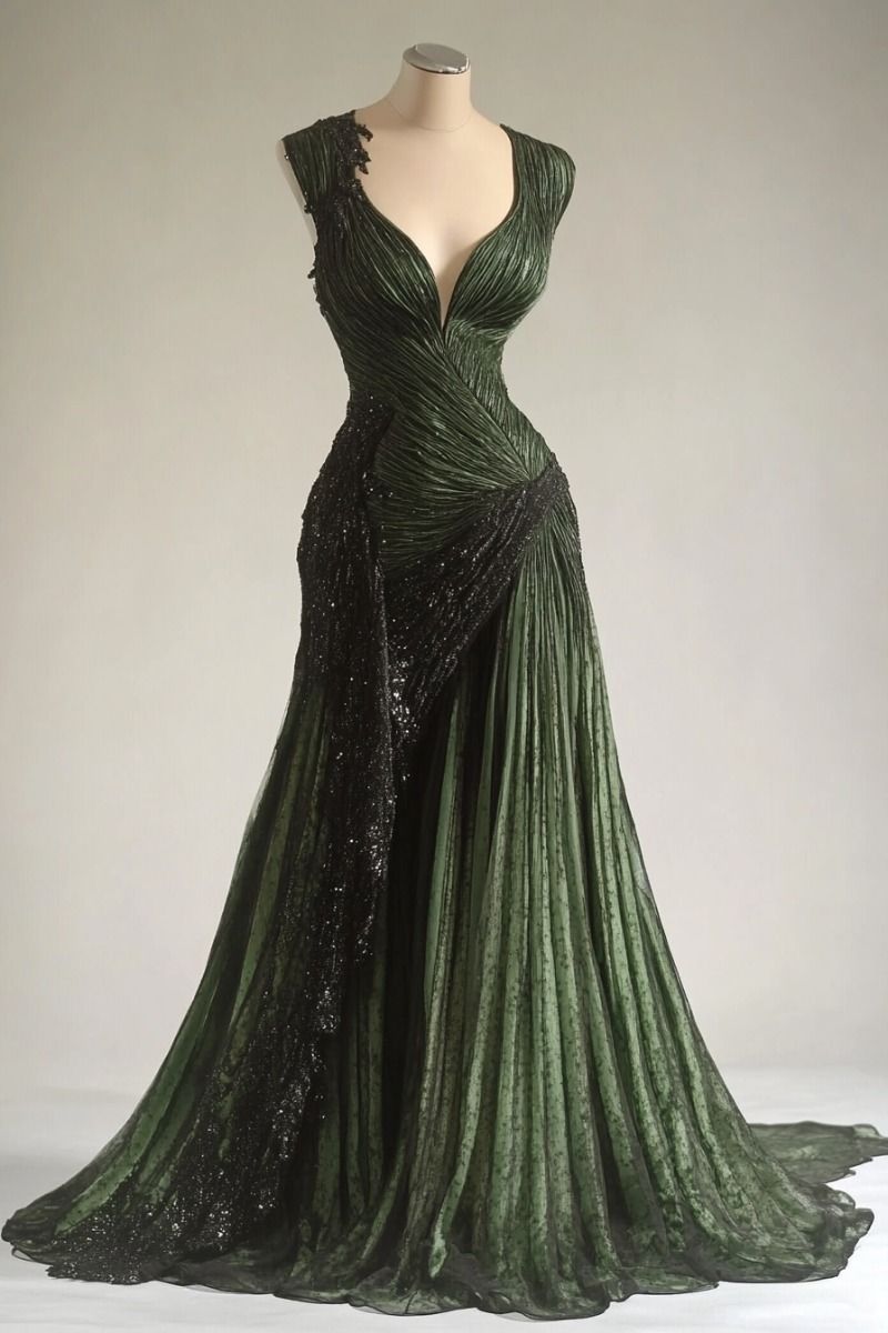 Vintage Green A-line Deep V-Neck Pleated Tulle Long Prom Dress Evening Dress - VelvetHem