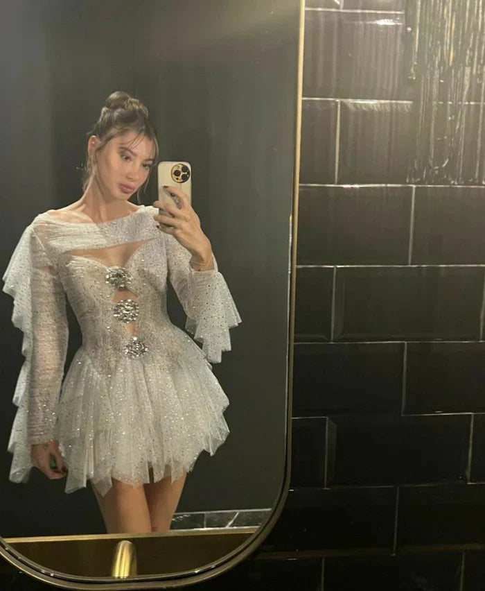 Gorgeous Silver-white Long-sleeved Sequined Rhinestone A-line Tulle Birthday Party Homecoming Dress - VelvetHem