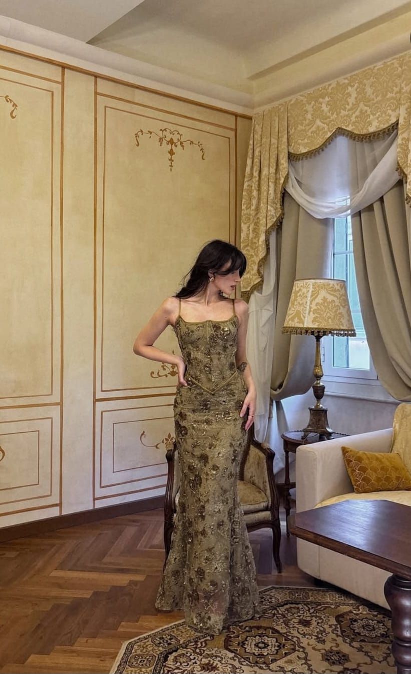 Vintage Olive Gold-Brown Mermaid Spaghetti Strap Sequined Embroidered Long Prom Dress Evening Dress - View 2 | VelvetHem