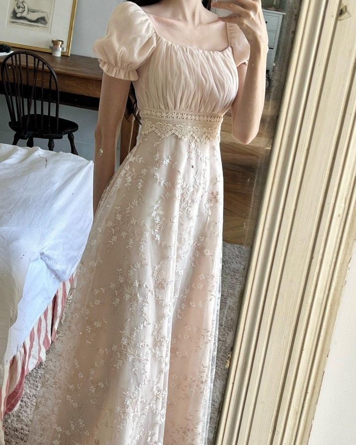 French Nude Apricot A-line Square Neck Puff Sleeve Lace Embroidery Tulle Long Prom Dress Evening Dress - VelvetHem