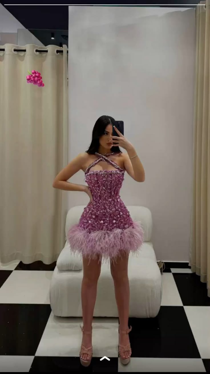 Luxurious Pink And Purple Cross Halter Neck Sequined Feather Slim Birthday Dress Homecoming Dress - VelvetHem