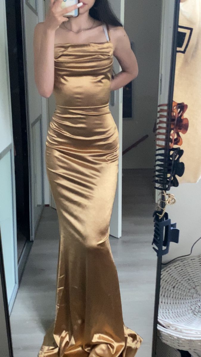 Elegant Gold Mermaid Satin Long Prom Dress Evening Dress Bridesmaid Dresscc5142 - VelvetHem