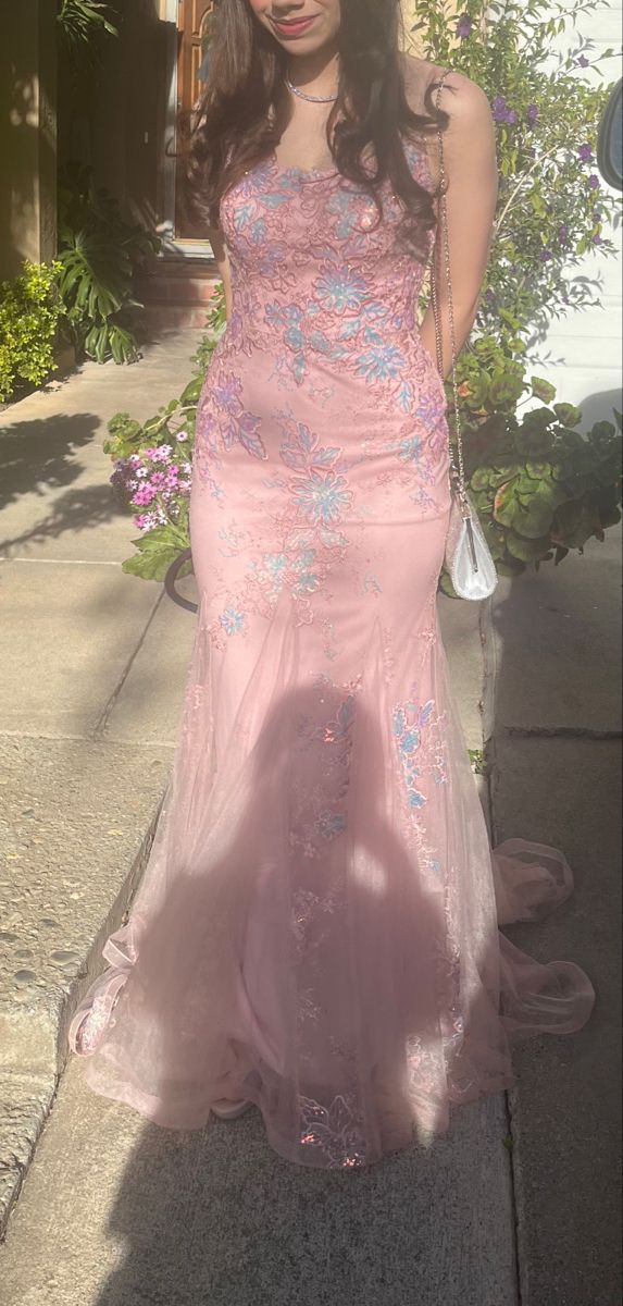 Sweet Pink Mermaid Embroidered Tulle Long Prom Dress Evening Dress - View 2 | VelvetHem