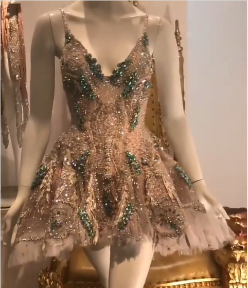 Luxury Champagne Gold Deep V-Neck Strap Diamond Mesh A-Line Birthday Dress Homecoming - View 3 | VelvetHem
