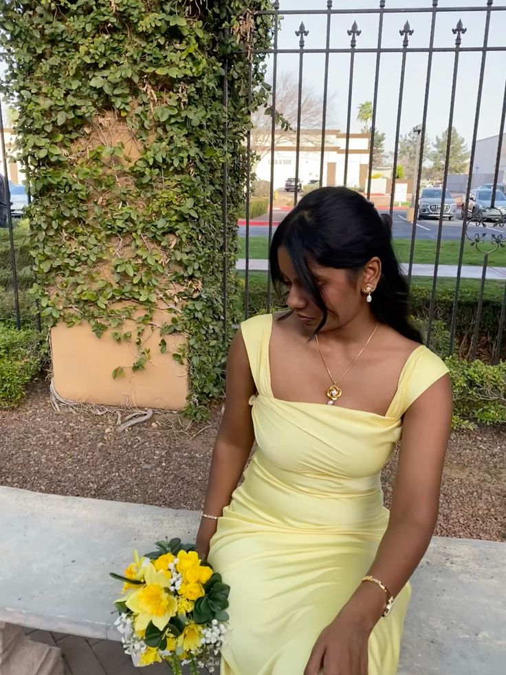 Elegant Yellow Fitted Square Neck Satin Long Prom Dress Evening Dress Bridesmaid Dress - VelvetHem
