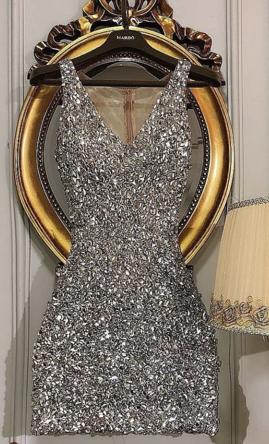 Luxury Sparkling Silver Deep V Neck Sequin Slim Fit Birthday Party Homecoming Dress