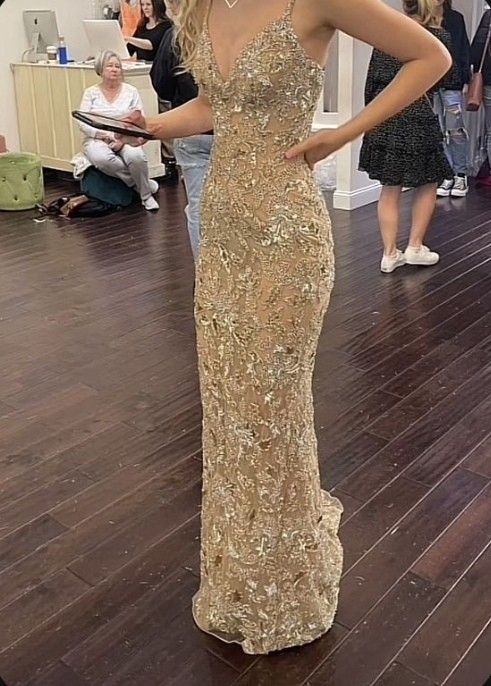 Luxurious Champagne Gold Mermaid V-neck Spaghetti Strap Sequined Embroidered Long Prom Dress Evening Dress - VelvetHem