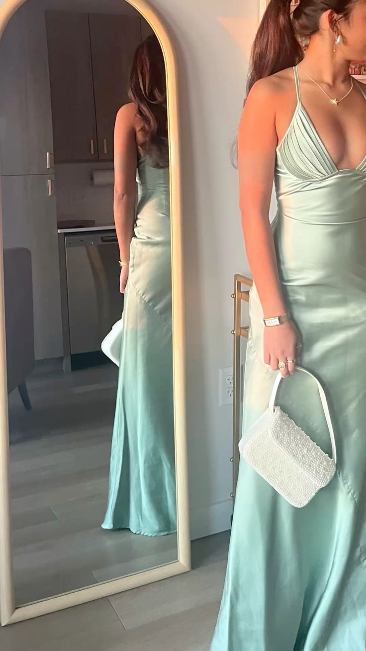 Elegant Mint Light Green Mermaid Halter Neck Deep V-Neck Satin Long Prom Dress Evening Dress Bridesmaid Dress - VelvetHem