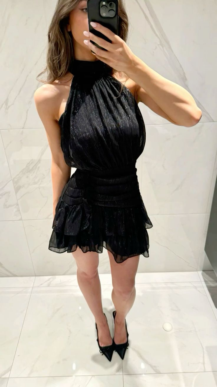 Elegant Black High Collar Halter Neck Waist Ruffled Birthday Party Homecoming Dress - VelvetHem