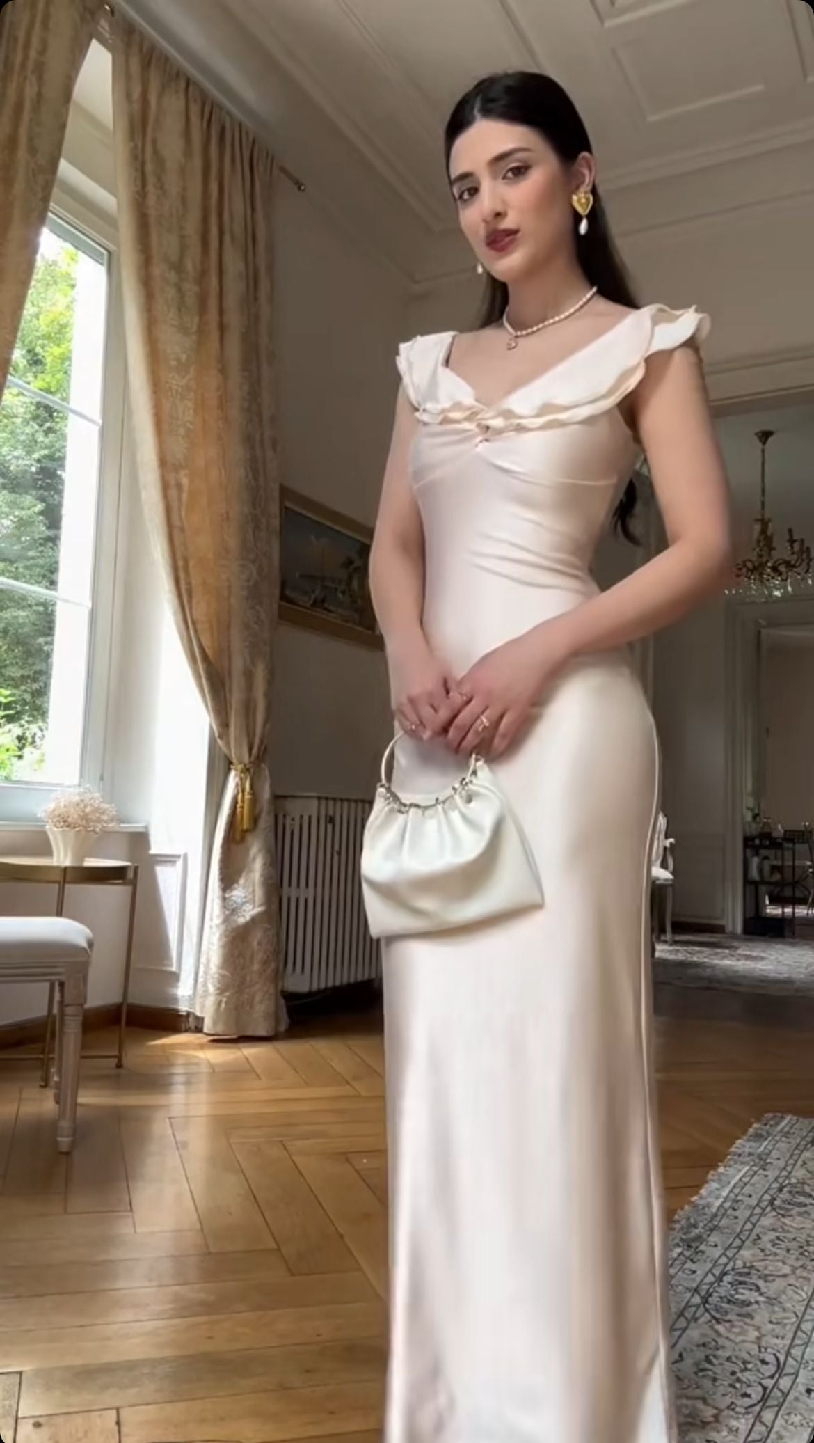 Elegant Cream Apricot Mermaid V-Neck Ruffled Satin Long Prom Dress Evening Dress Bridesmaid Dress - VelvetHem