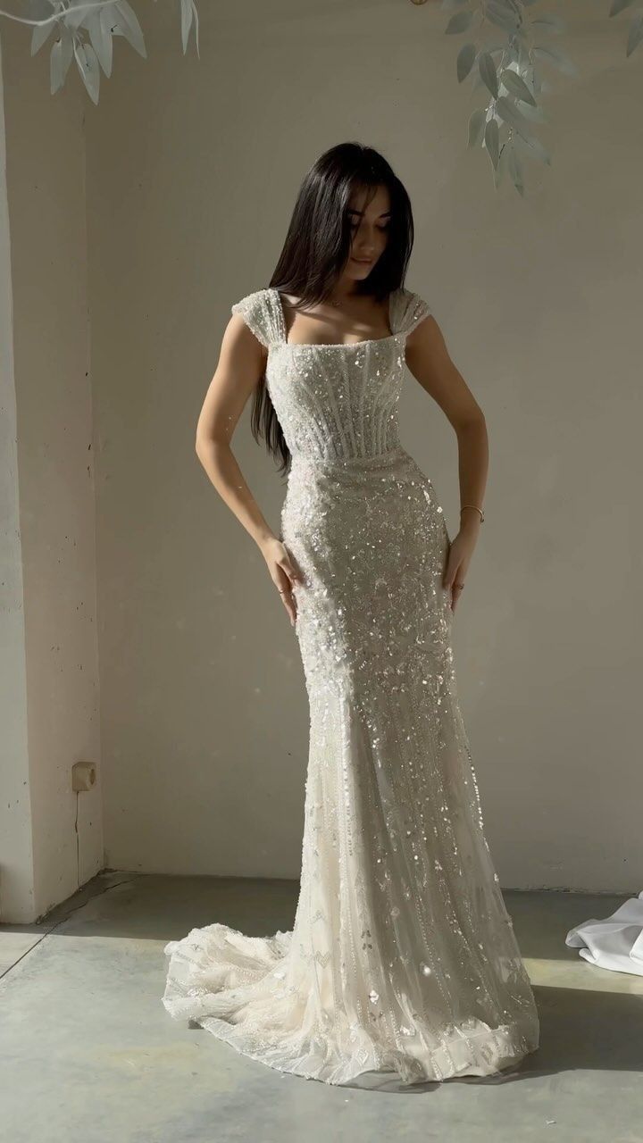 Elegant White Mermaid Square Neck Sequin Tulle Train Long Prom Dress Evening Dress - VelvetHem