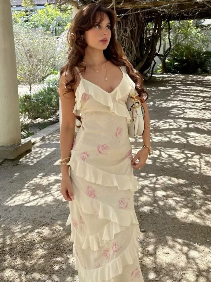 Vintage Cream Apricot Spaghetti Strap V-Neck Layered Ruffled Chiffon Long Prom Dress Evening Dress - VelvetHem