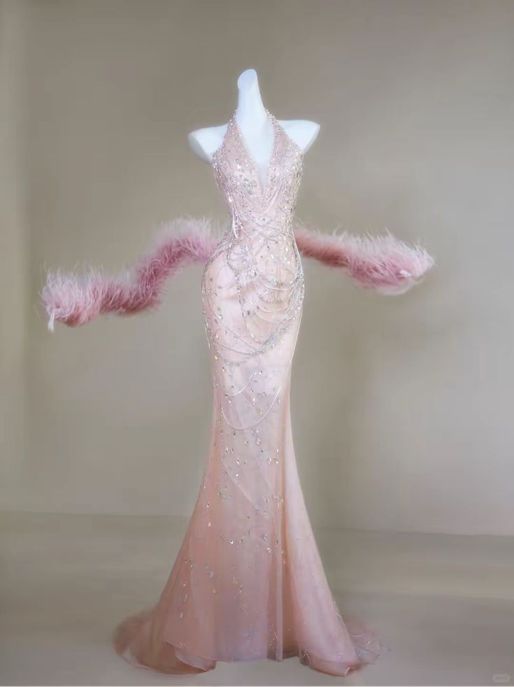Dreamy Princess Pink Mermaid Halter V-Neck Rhinestone Beaded Tulle Long Prom Dress Evening Dress - VelvetHem