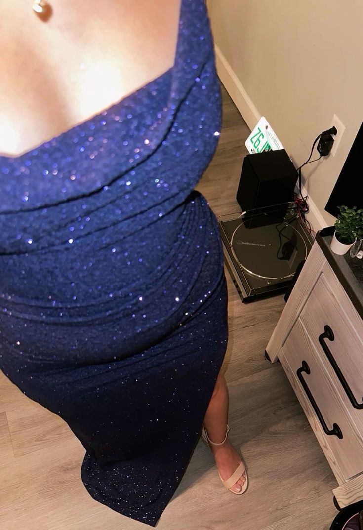 Glamorous Navy Blue Slim-Fit High-Slit Sequin Long Prom Dress Evening Dress Bridesmaid Dress