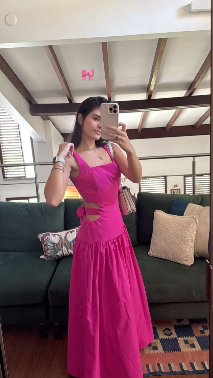 Vibrant Hot Pink A-Line Strap Square Neck Cutout Long Prom Dress Evening Dress - VelvetHem
