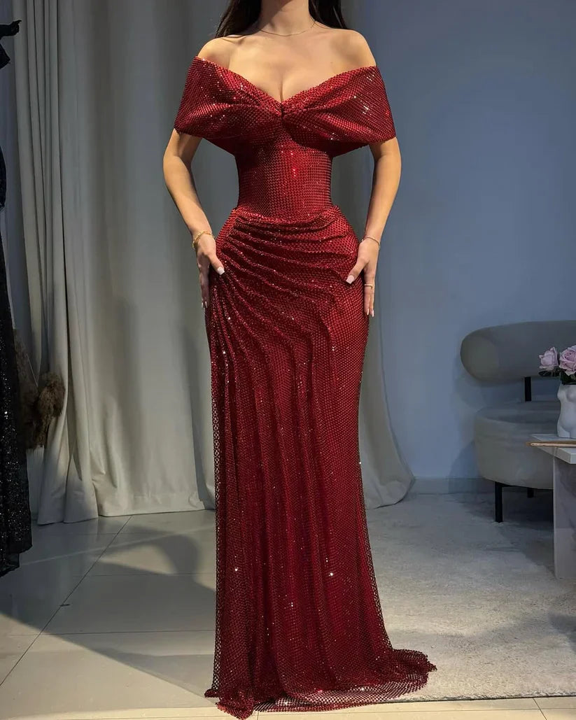 Luxurious Burgundy Mermaid Off-the-Shoulder V-Neck Rhinestone Tulle High-Slit Long Prom Dress Evening Dress - VelvetHem