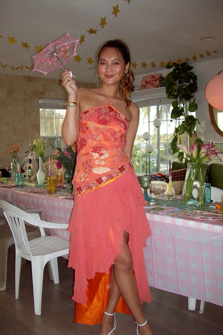 Retro Orange Pink Irregular Halter Neck Sequin Chiffon Prom Dress - VelvetHem