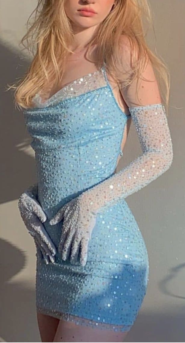 Sweet Light Blue Sling Neckline Suspenders Sequined Slim Birthday Dress Homecoming Dress - VelvetHem