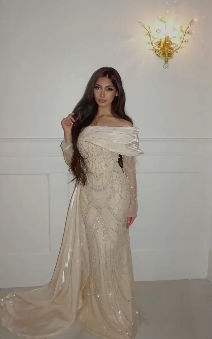 Elegant Beige Mermaid Off-the-Shoulder Beaded Tulle Satin Train Prom Dress Evening Dress - VelvetHem
