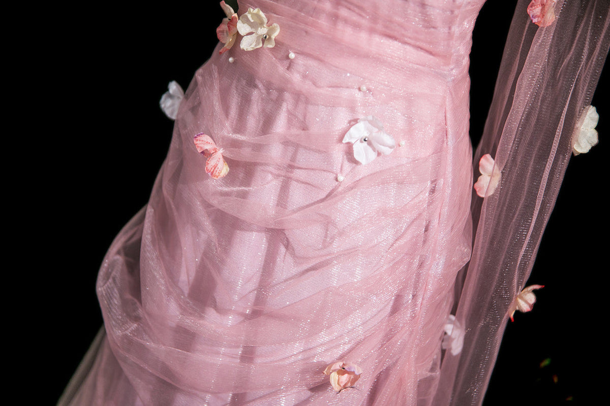 Elegant Light Pink A-Line Strapless 3D Floral Tulle Long Prom Dress Evening Dress - View 5 | VelvetHem