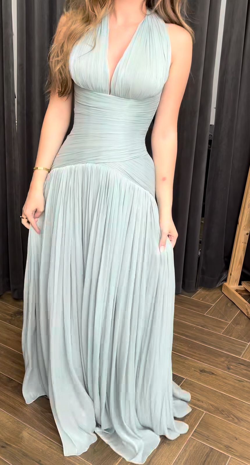 Elegant Light Mint Green A-Line Halter Neck Deep V Ruched Chiffon Long Prom Dress Evening Dress - VelvetHem
