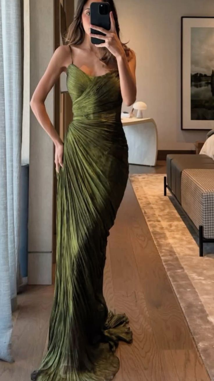 Elegant Olive Green Mermaid Spaghetti Strap Pleated Satin Long Prom Dress Evening Dress Bridesmaid Dress - VelvetHem