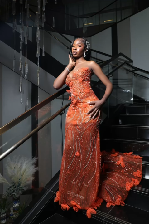 Gorgeous Orange Mermaid Sweetheart Neck Beaded Sequin Tulle Train Prom Dress Evening Dress - View 3 | VelvetHem