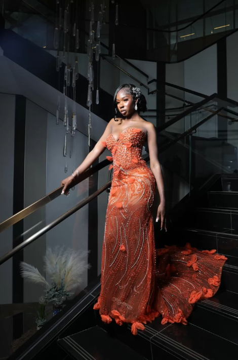 Gorgeous Orange Mermaid Sweetheart Neck Beaded Sequin Tulle Train Prom Dress Evening Dress - View 4 | VelvetHem