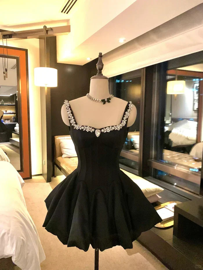 Sweet Black Strap Rhinestone Waist Bud Satin 16th Birthday Homecoming Dress - VelvetHem