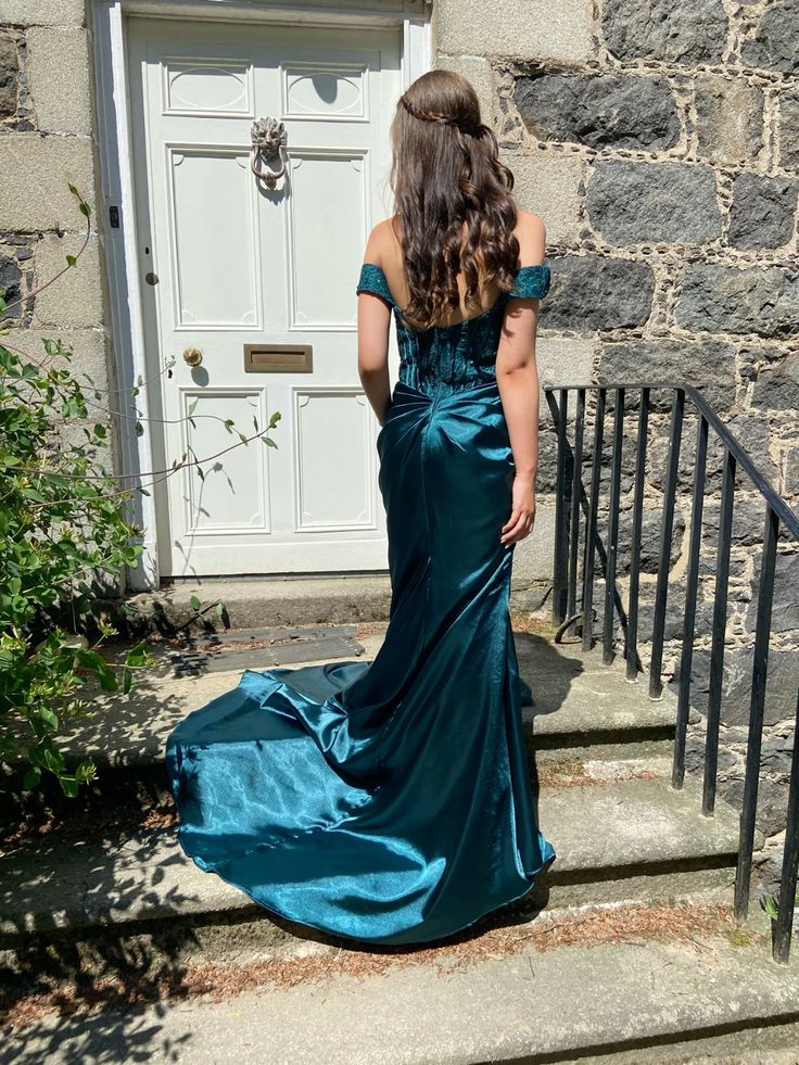 Elegant Deep Peacock Blue Mermaid Off-the-Shoulder Satin Train Prom Dress Evening Dress - View 2 | VelvetHem