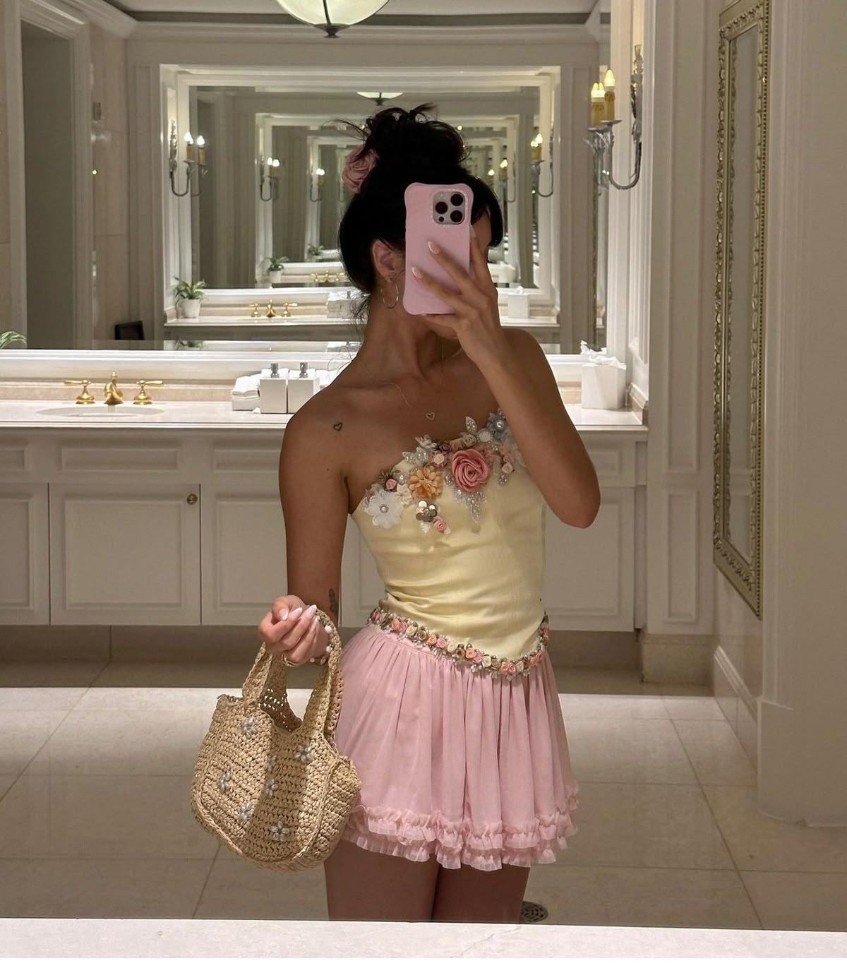 Sweet Yellow And Pink Color Matching Tube Top Three-dimensional Flower Chiffon 16th Birthday Homecoming Dress - VelvetHem