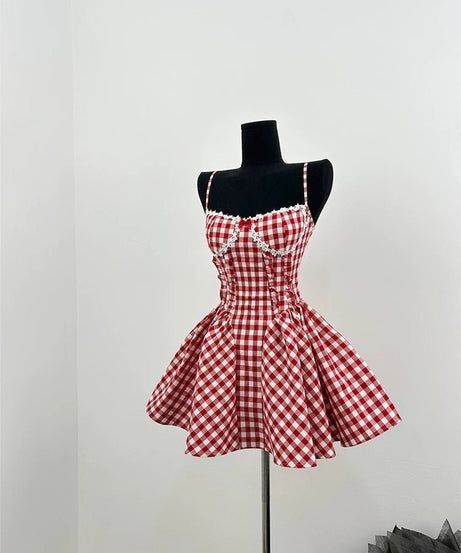Retro Red And White Plaid Suspender A-line Birthday Party Homecoming Dress - View 3 | VelvetHem