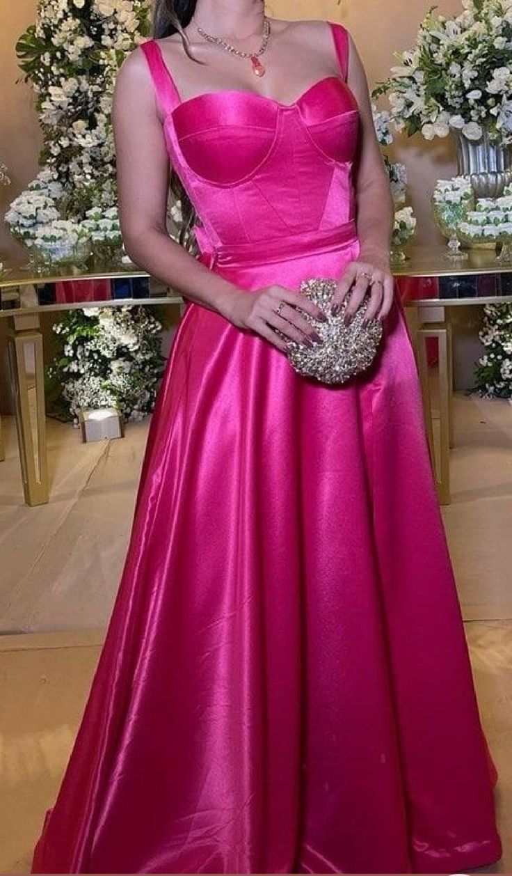 Elegant Hot Pink A-line Shoulder Strap Sweetheart Neckline Satin Long Prom Dress Evening Dress - VelvetHem