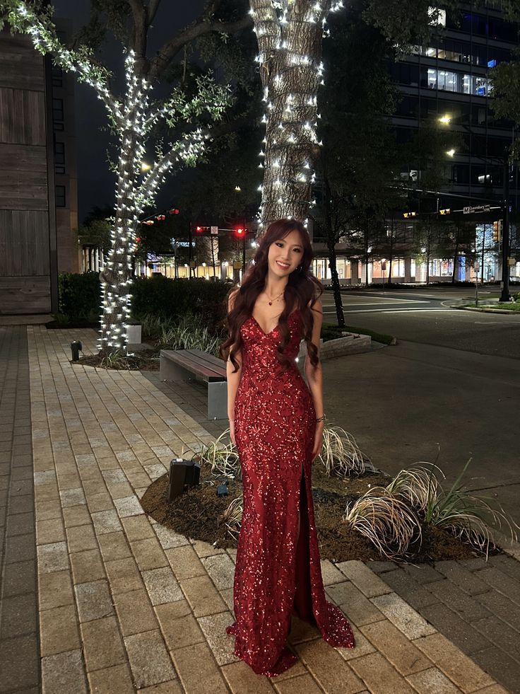 Shiny Burgundy Mermaid Deep V-Neck Camisole Slit Sequin Long Prom Dress Evening Dress - VelvetHem