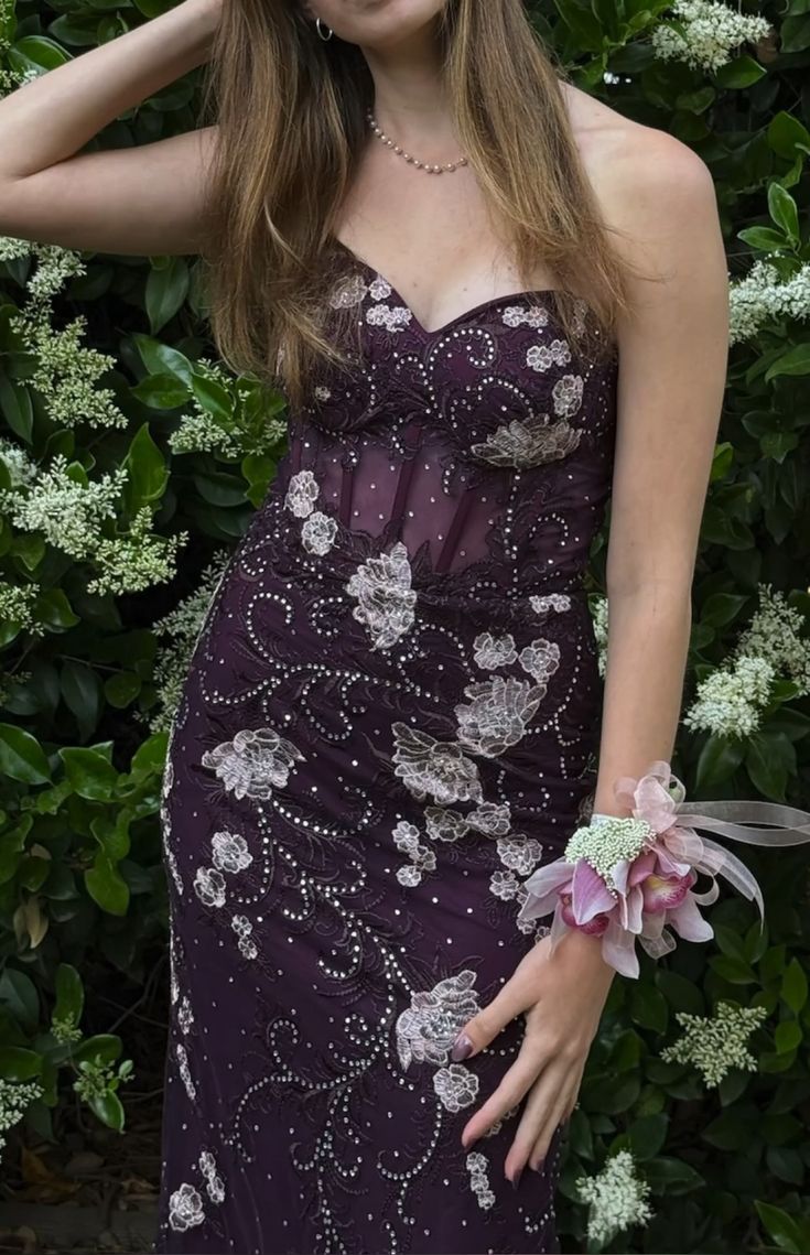 Elegant Deep Purple Mermaid Strapless 3D Embroidery Sheer Tulle Long Prom Dress Evening Dress - VelvetHem