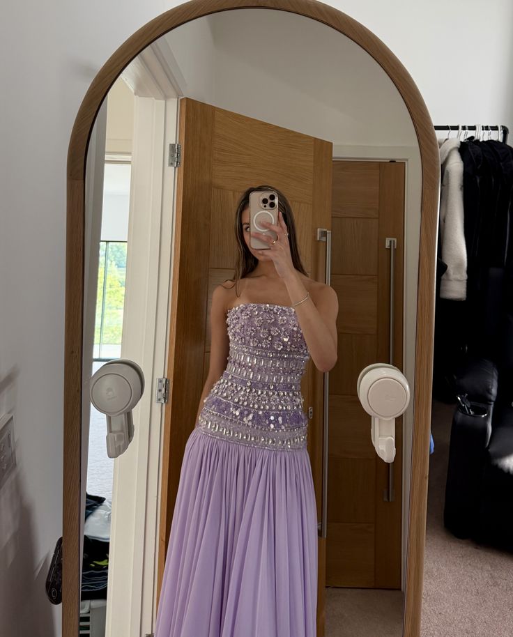 Gorgeous Lavender A-Line Strapless Beaded Chiffon Long Prom Dress Evening Dress
