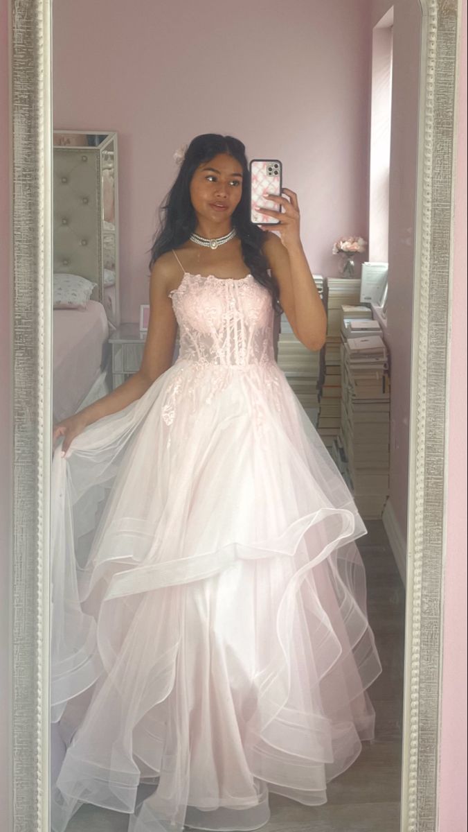 Sweet Light Pink A-line Spaghetti Strap Tiered Tulle Long Prom Dress Evening Dress - VelvetHem