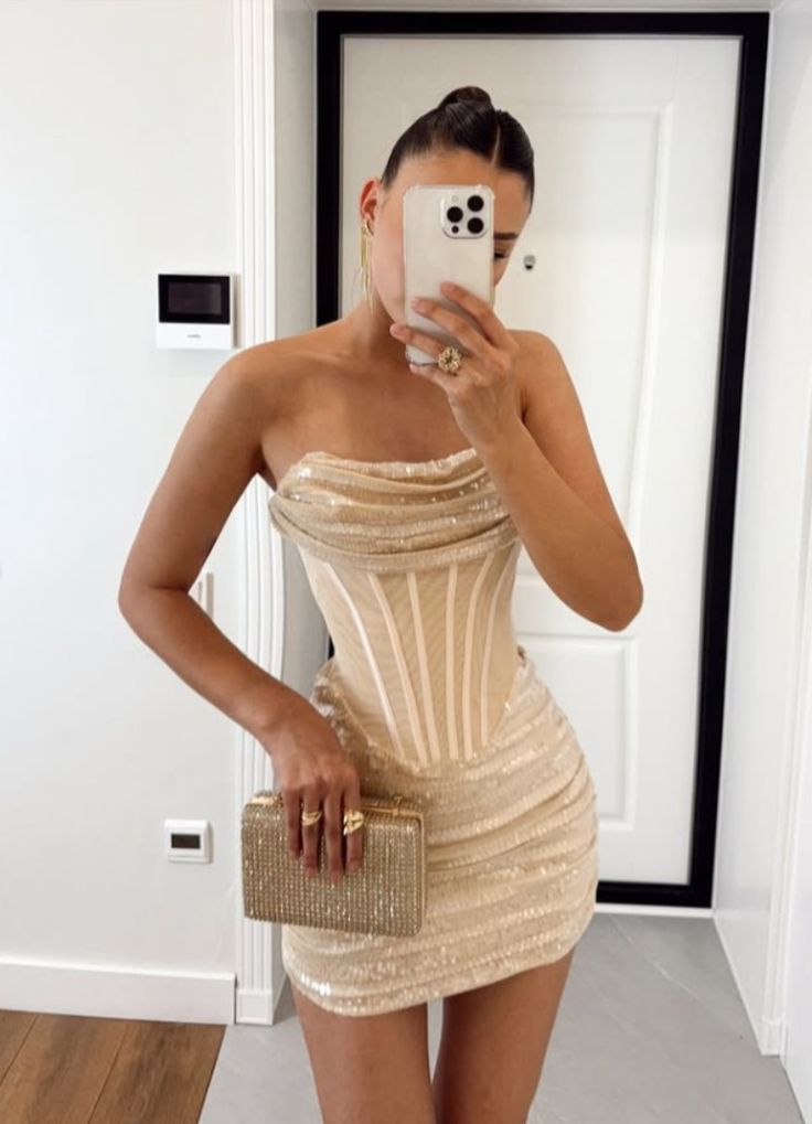Luxury Gold Strapless Fishbone Sequin Slim Fit Birthday Party Homecoming Dress - View 2 | VelvetHem
