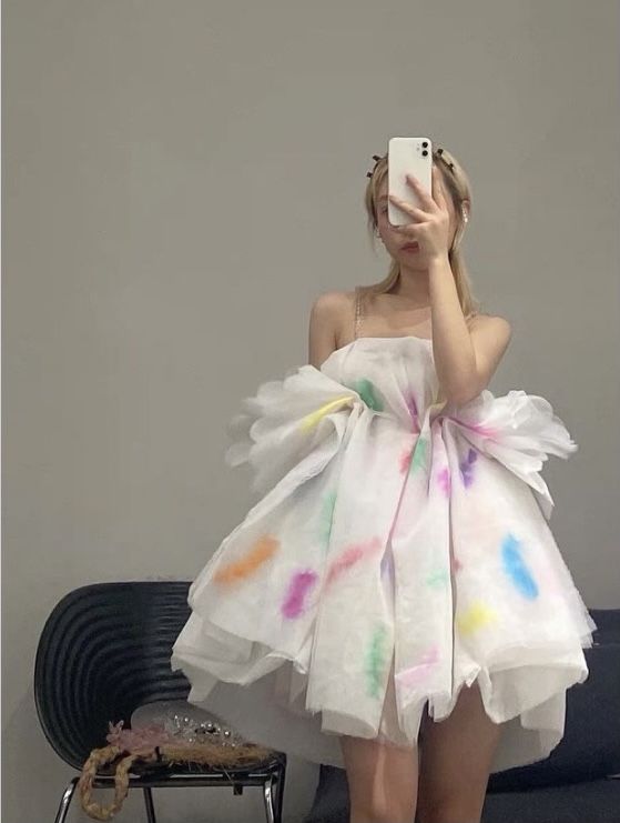 Dreamy White Color Splash Ink Multi-layer Tulle Irregular Birthday Party Homecoming Dress - View 2 | VelvetHem