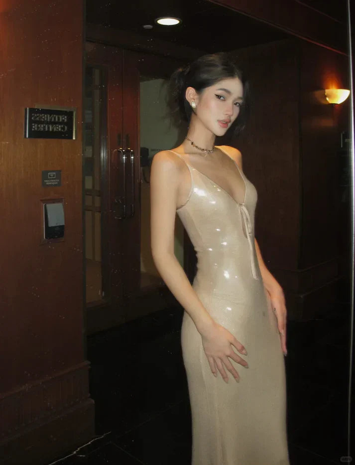 Sexy Shining Nude Apricot Mermaid Deep V Spaghetti Strap Sequin Long Prom Dress Evening Dress - View 6 | VelvetHem